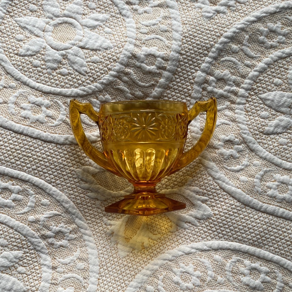 Vintage Indiana Amber Glass Floral Sugar Bowl